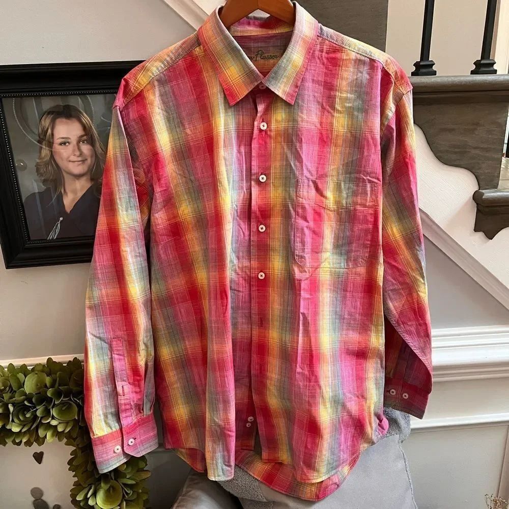 Alan Flusser Multi Rainbow Plaid Button Down Shirt sz XL EUC